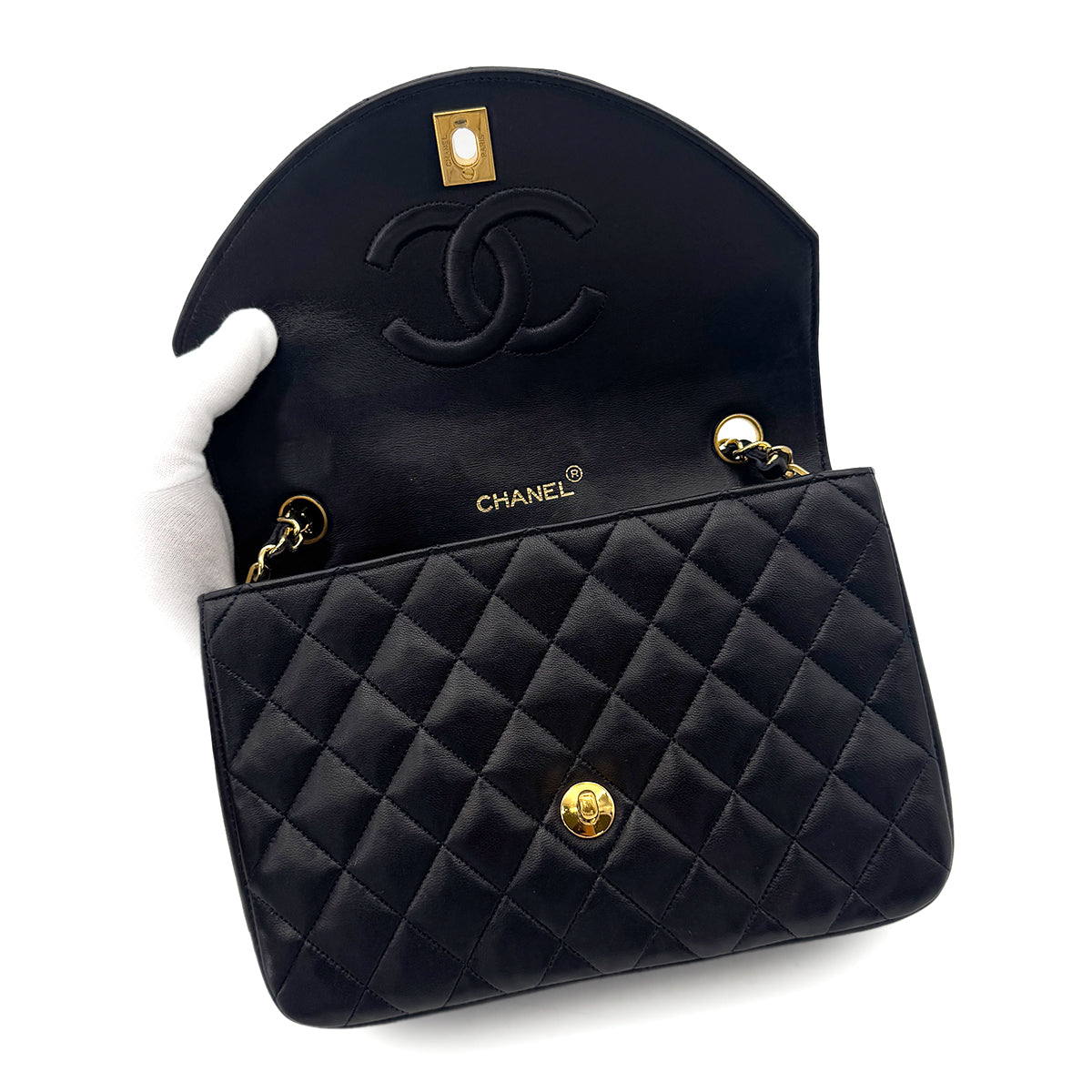 CHANEL VINTAGE MATELASSE HALF MOON CHAIN SHOULDER BAG NAVY LAMB SKIN 90300010