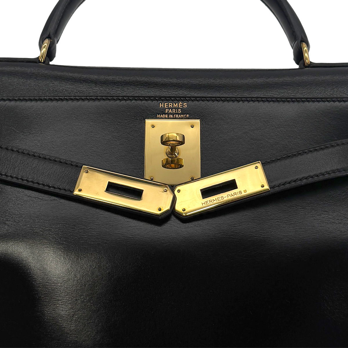 HERMES KELLY 28 RETOURNE BLACK BOX CALF HAND BAG 〇P GHW 90300022