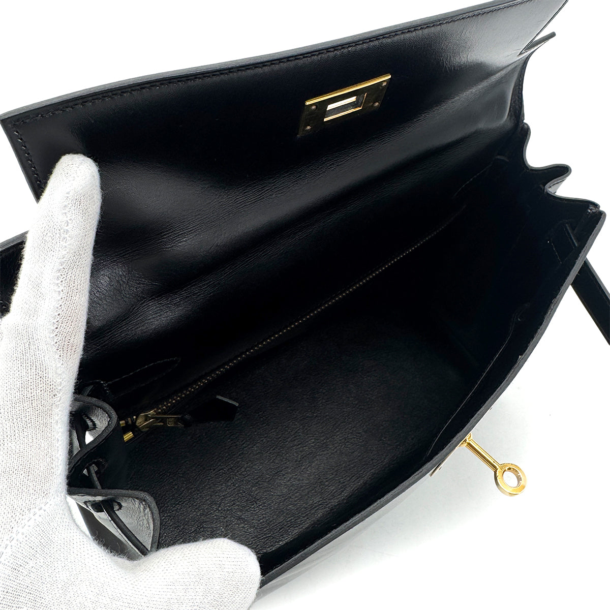 HERMES KELLY 28 RETOURNE BLACK BOX CALF HAND BAG 〇P GHW 90300022