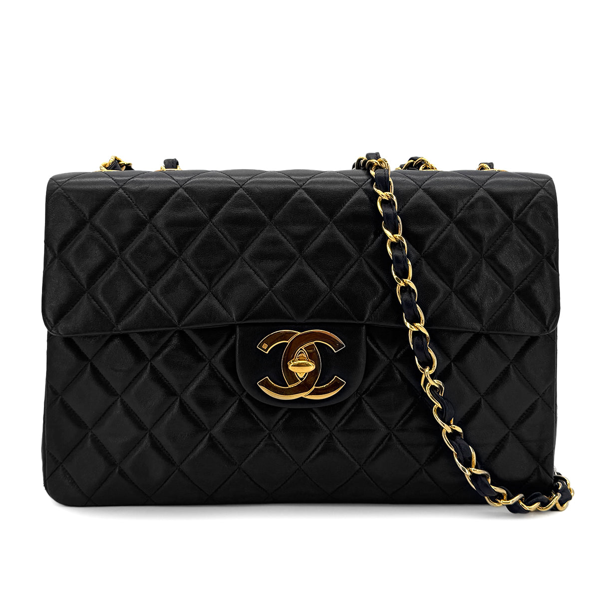 CHANEL VINTAGE MAXI MATELASSE 34 CHAIN SHOULDER BAG BLACK LAMB SKIN 90300024