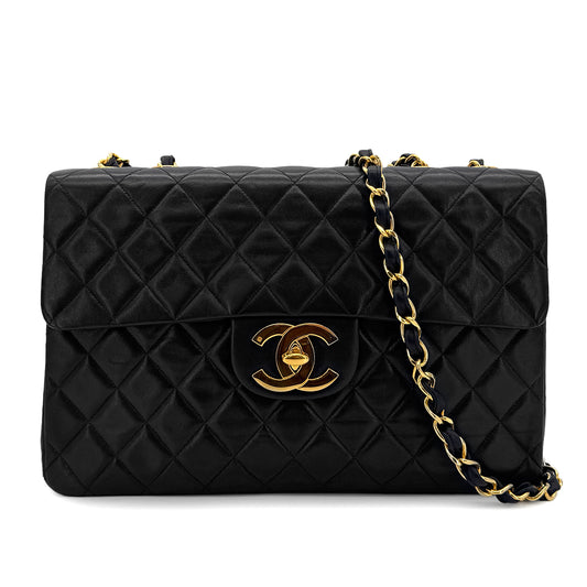 CHANEL VINTAGE MAXI MATELASSE 34 CHAIN SHOULDER BAG BLACK LAMB SKIN 90300024