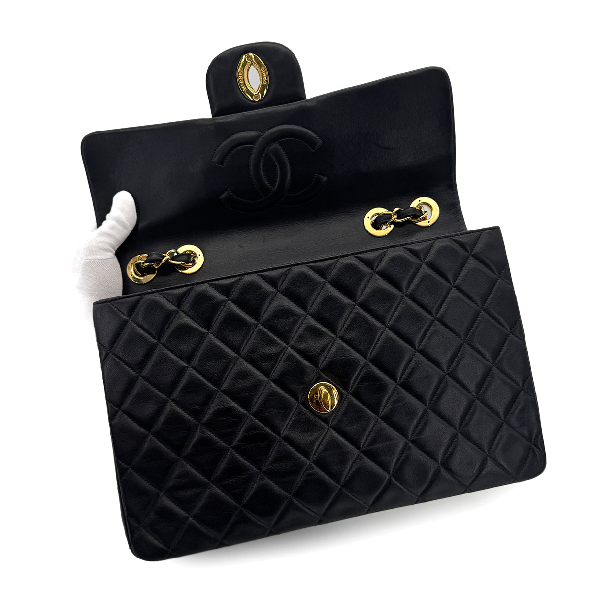 CHANEL VINTAGE MAXI MATELASSE 34 CHAIN SHOULDER BAG BLACK LAMB SKIN 90300024