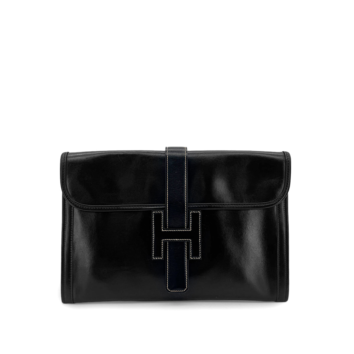 HERMES JIGE PM BLACK BOXCALF CLUTCH BAG 〇L 90300029