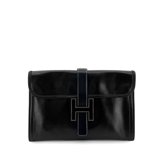 HERMES JIGE PM BLACK BOXCALF CLUTCH BAG 〇L 90300029