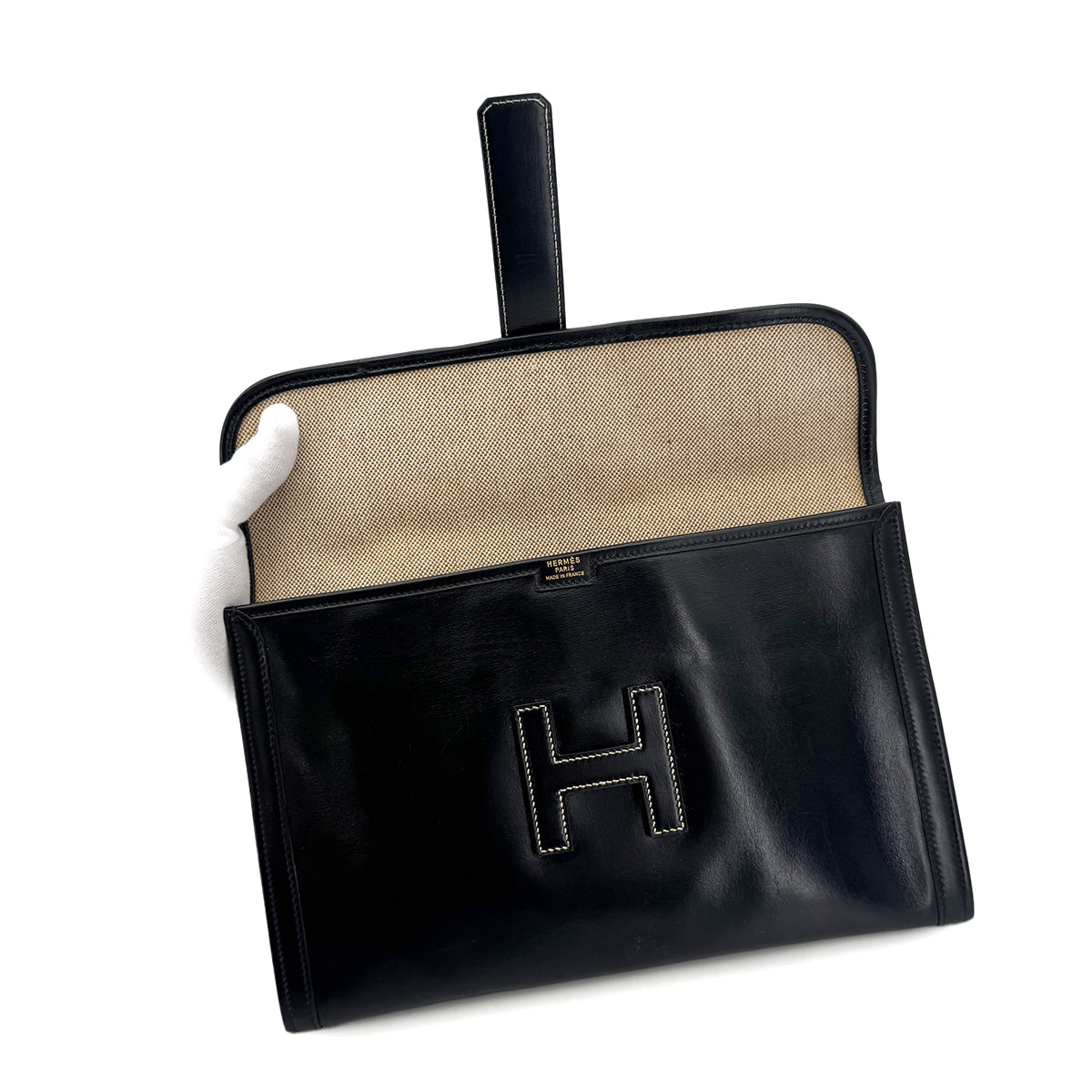 HERMES JIGE PM BLACK BOXCALF CLUTCH BAG 〇L 90300029