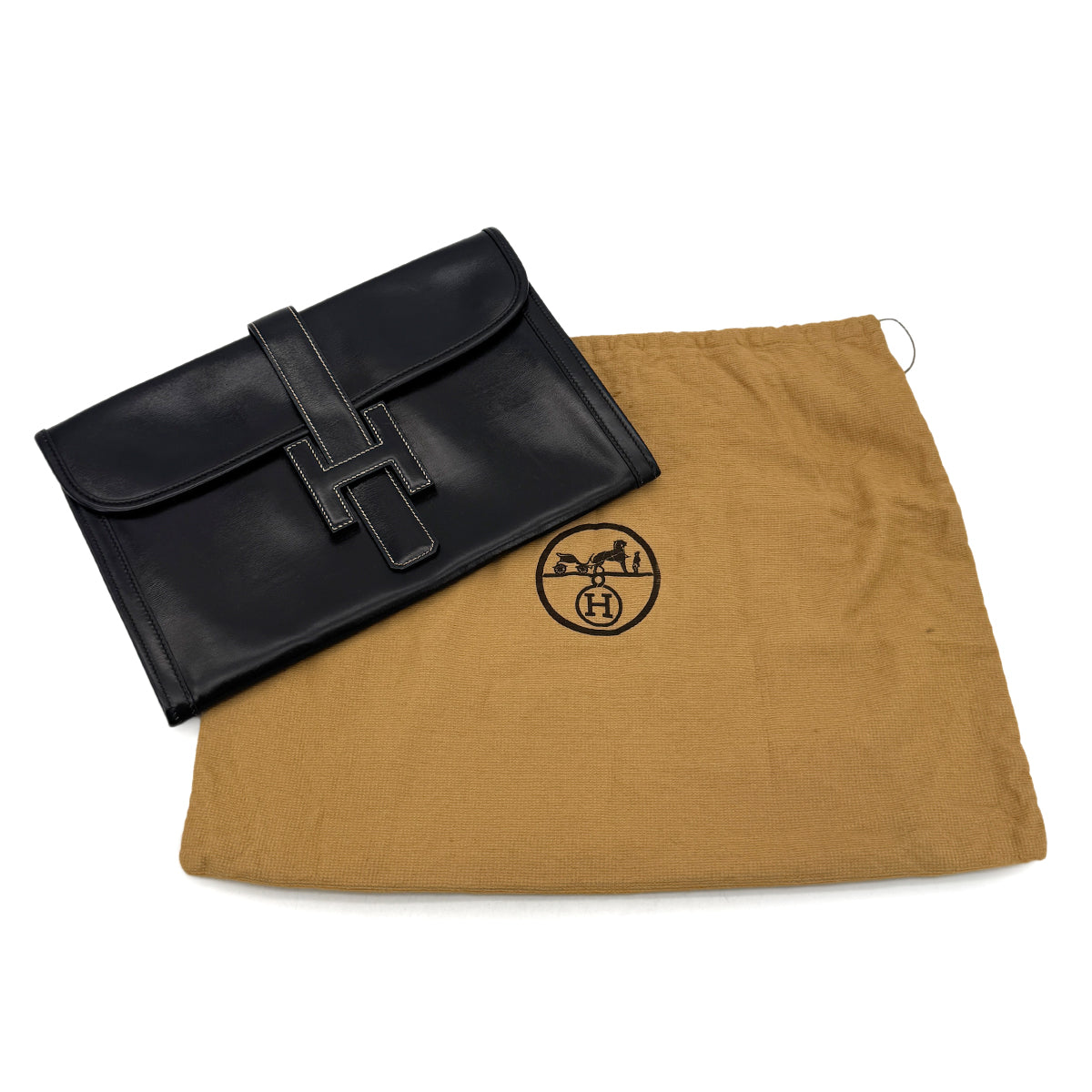 HERMES JIGE PM BLACK BOXCALF CLUTCH BAG 〇L 90300029