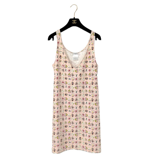 CHANEL VALENTINE 2006 HEART MOTIF SLEEVELESS DRESS PINK NYLON 40 06P RTW 90300030
