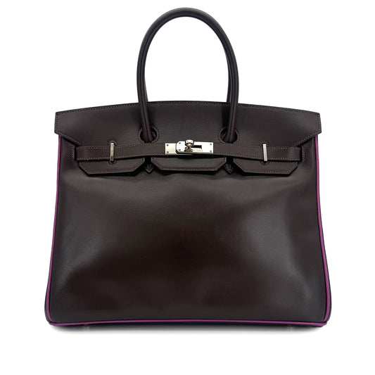 HERMES BIRKIN 35 CHOCOLAT CYCLAMEN BOXCALF HAND BAG □J SHW 90300560