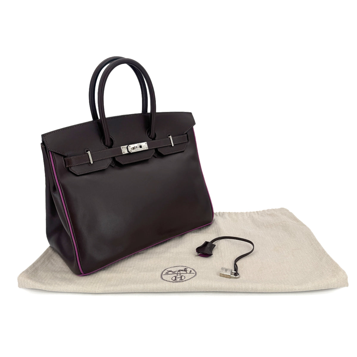 HERMES BIRKIN 35 CHOCOLAT CYCLAMEN BOXCALF HAND BAG □J SHW 90300560