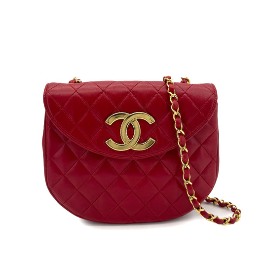 CHANEL VINTAGE BIG COCO HALF MOON CHAIN SHOULDER BAG RED LAMB SKIN 90300573