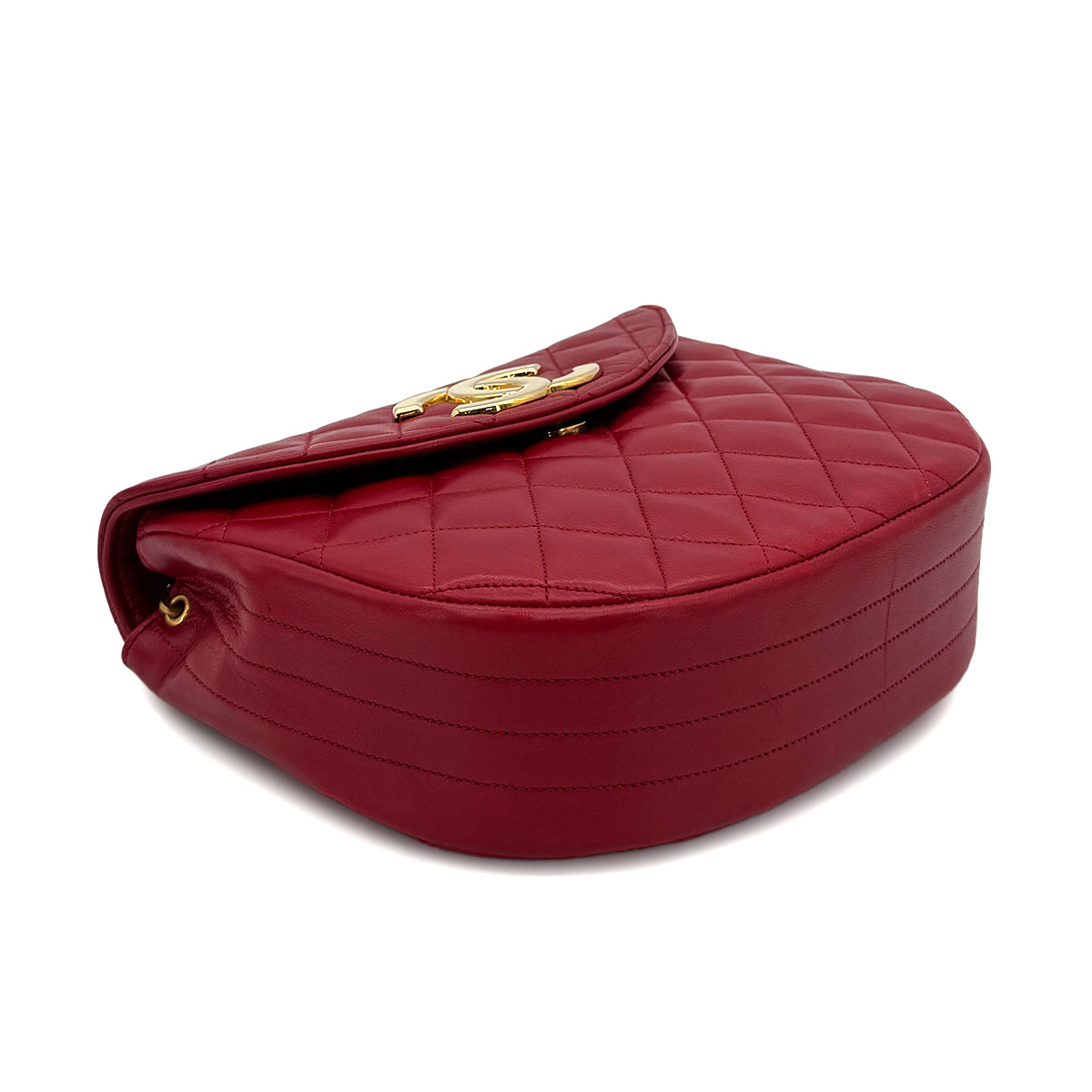 CHANEL VINTAGE BIG COCO HALF MOON CHAIN SHOULDER BAG RED LAMB SKIN 90300573