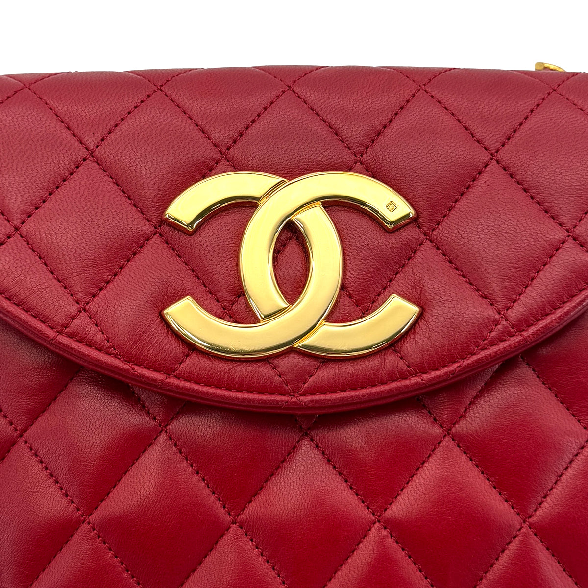 CHANEL VINTAGE BIG COCO HALF MOON CHAIN SHOULDER BAG RED LAMB SKIN 90300573