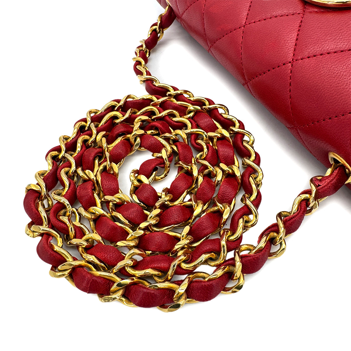 CHANEL VINTAGE BIG COCO HALF MOON CHAIN SHOULDER BAG RED LAMB SKIN 90300573