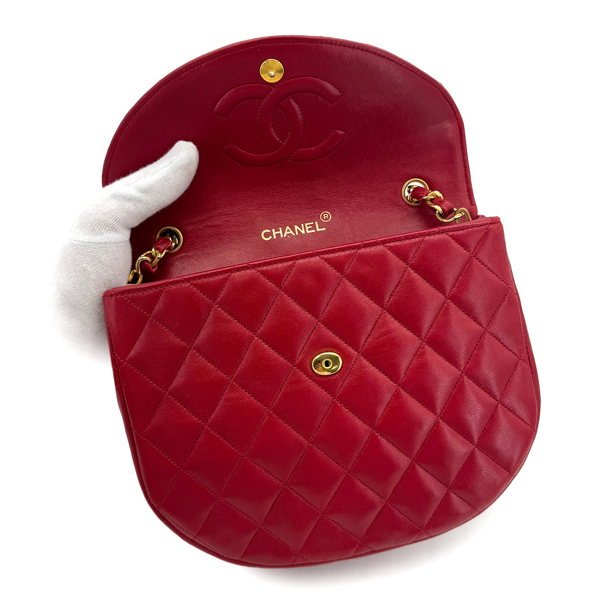 CHANEL VINTAGE BIG COCO HALF MOON CHAIN SHOULDER BAG RED LAMB SKIN 90300573