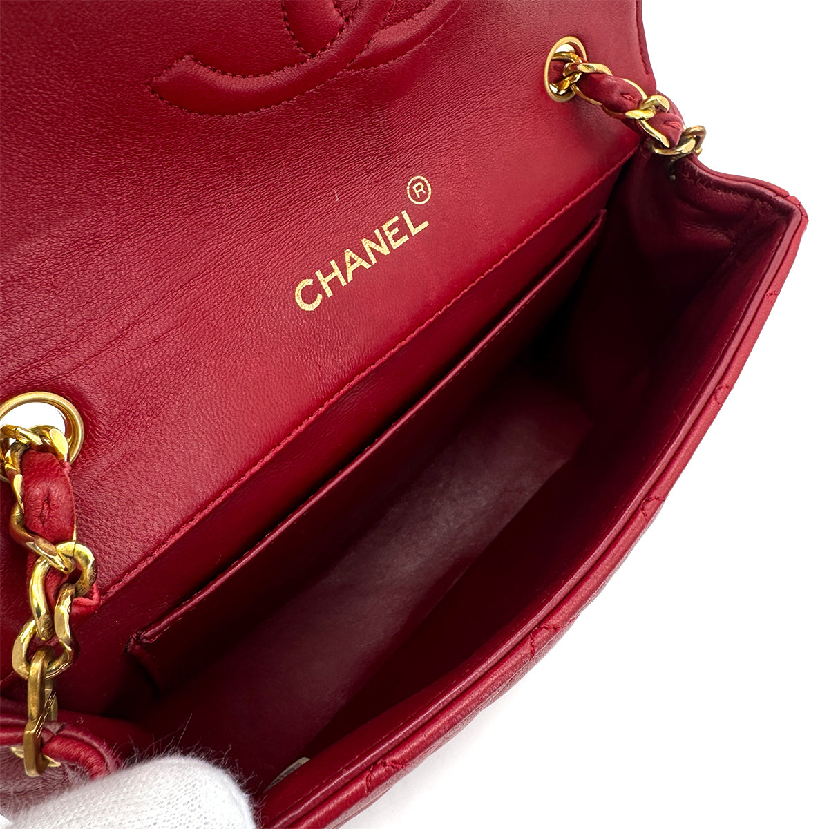 CHANEL VINTAGE BIG COCO HALF MOON CHAIN SHOULDER BAG RED LAMB SKIN 90300573