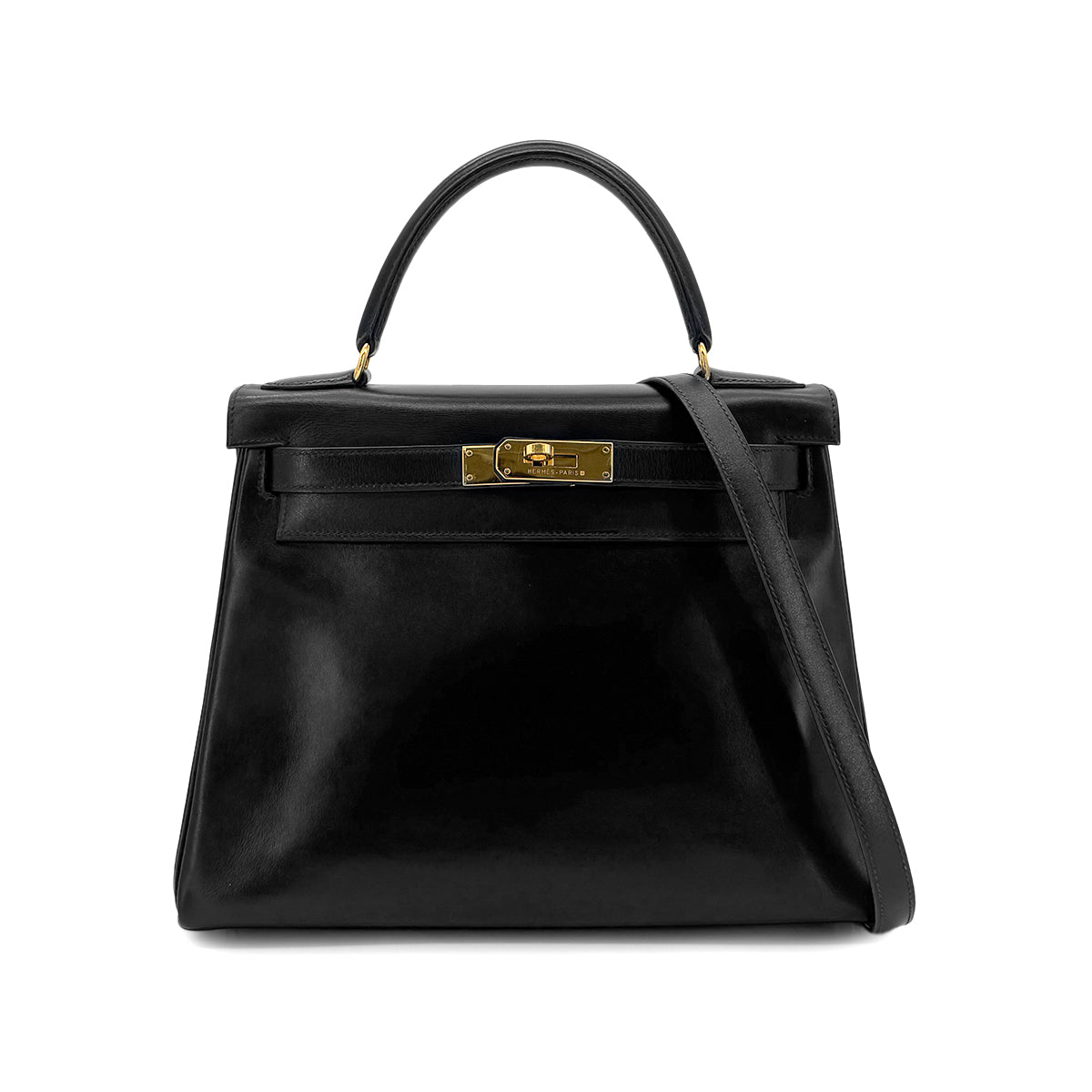 HERMES KELLY 28 RETOURNE BLACK BOX CALF HAND BAG 〇W GHW 90300594