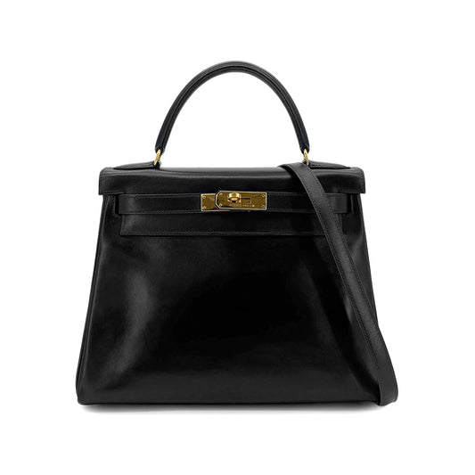 HERMES KELLY 28 RETOURNE BLACK BOX CALF HAND BAG 〇W GHW 90300594