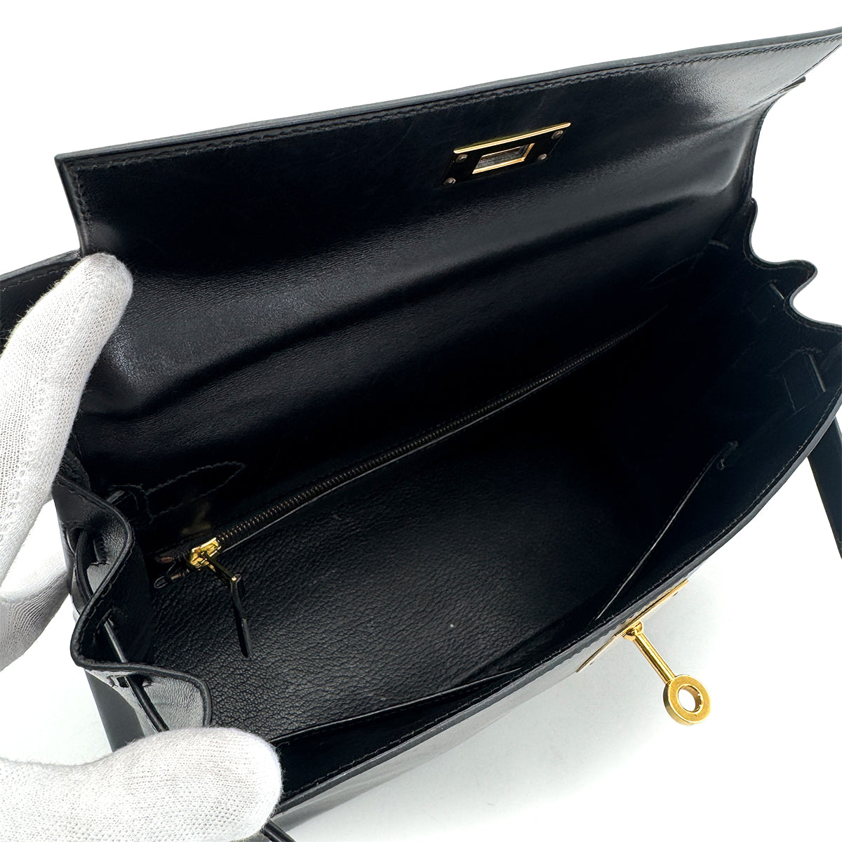 HERMES KELLY 28 RETOURNE BLACK BOX CALF HAND BAG 〇W GHW 90300594