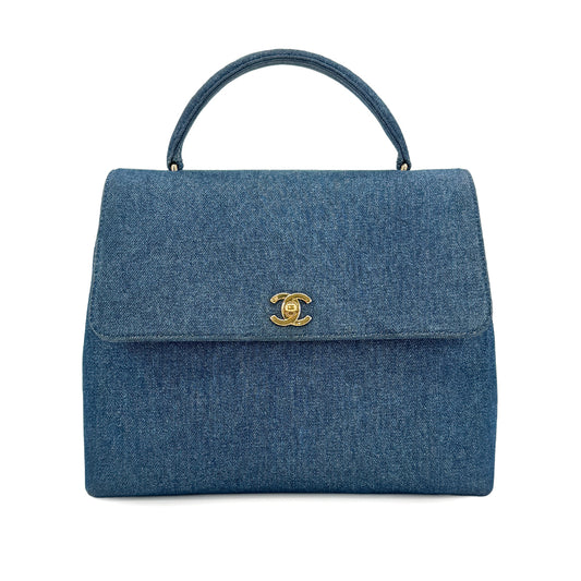 CHANEL VINTAGE KELLY TURN LOCK HAND BAG BLUE DENIM CANVAS 90300602