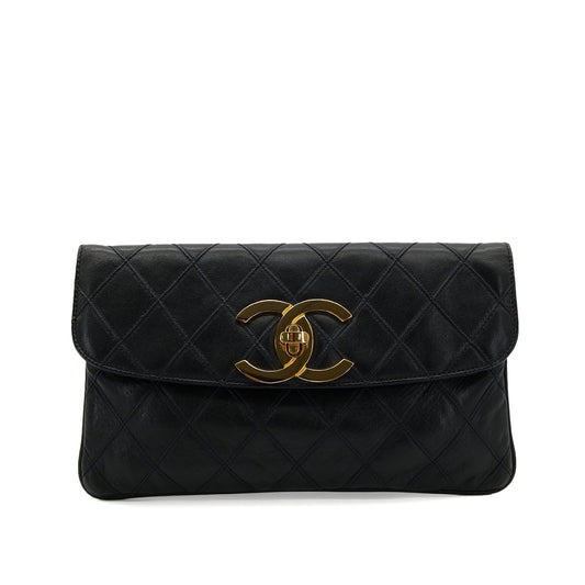 CHANEL VINTAGE BICOLORE CLUTCH BAG BLACK LEATHER 90300850