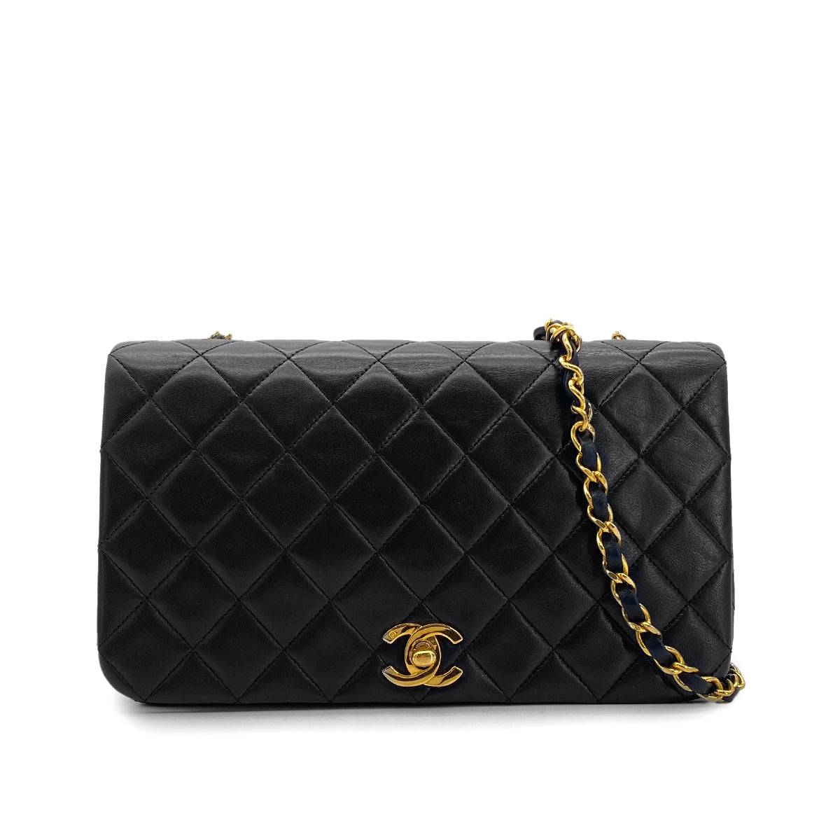 CHANEL VINTAGE FULL FLAP CHAIN SHOULDER BAG BLACK LAMB SKIN 90301010