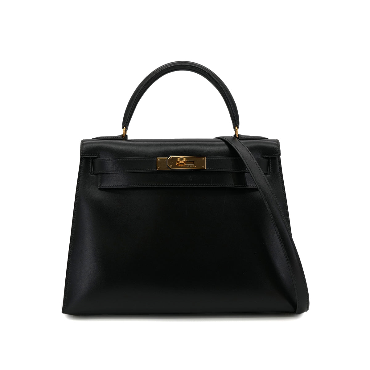 HERMES KELLY 28 SELLIER BLACK BOX CALF HAND SHOULDER BAG 〇U GHW 90301089