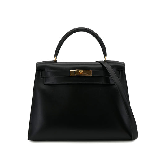 HERMES KELLY 28 SELLIER BLACK BOX CALF HAND SHOULDER BAG 〇U GHW 90301089