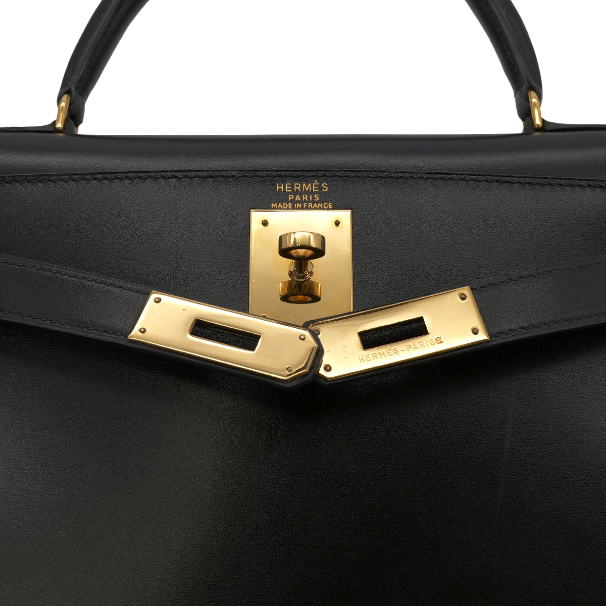HERMES KELLY 28 SELLIER BLACK BOX CALF HAND SHOULDER BAG 〇U GHW 90301089