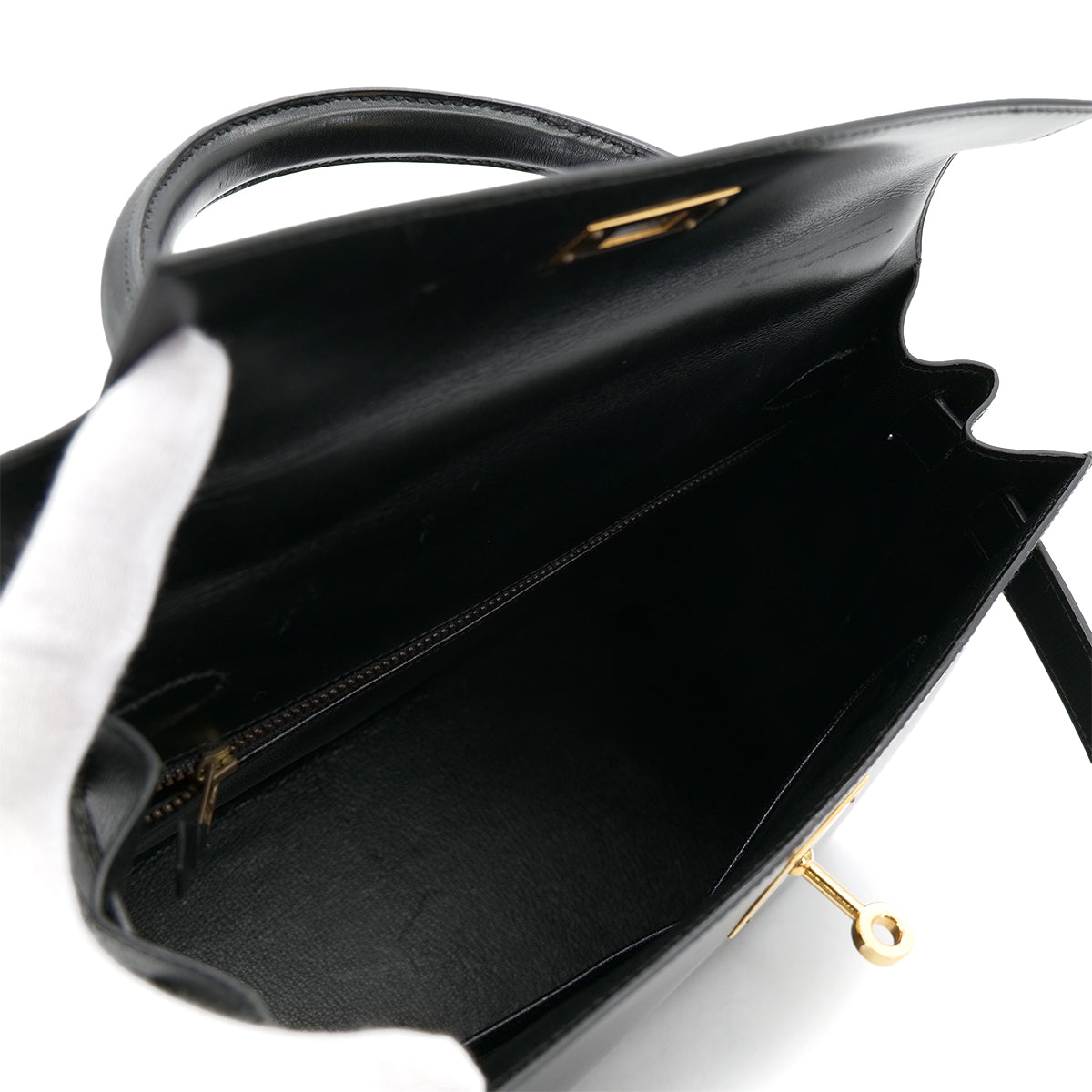 HERMES KELLY 28 SELLIER BLACK BOX CALF HAND SHOULDER BAG 〇U GHW 90301089