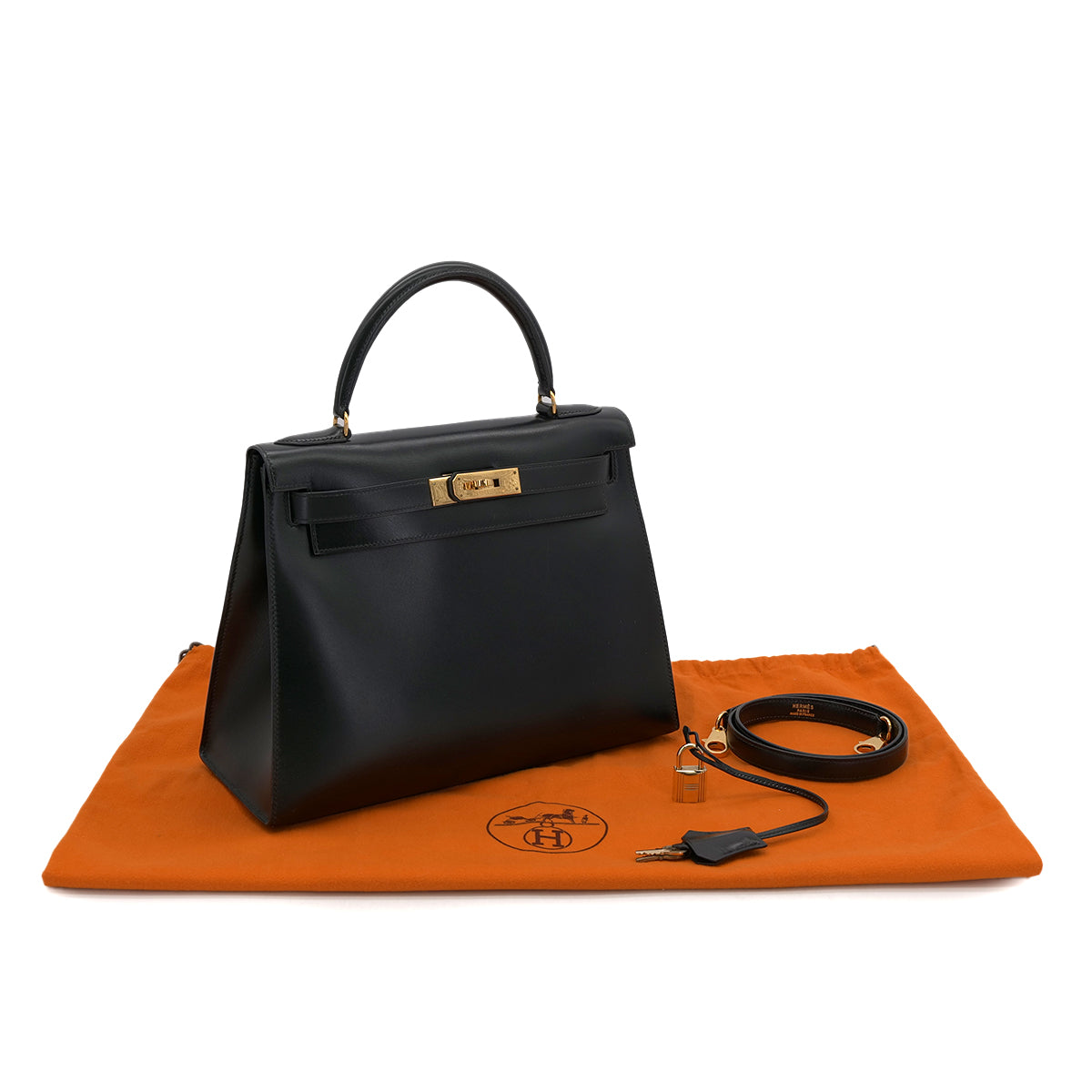 HERMES KELLY 28 SELLIER BLACK BOX CALF HAND SHOULDER BAG 〇U GHW 90301089