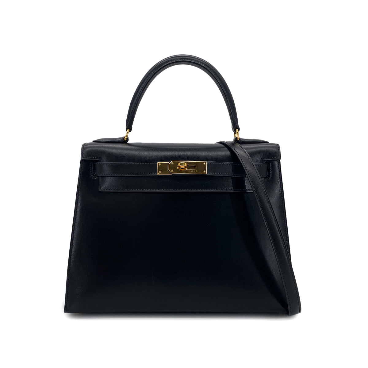 HERMES KELLY 28 SELLIER BLACK BOXCALF HAND SHOULDER BAG 〇Y GHW 90301093