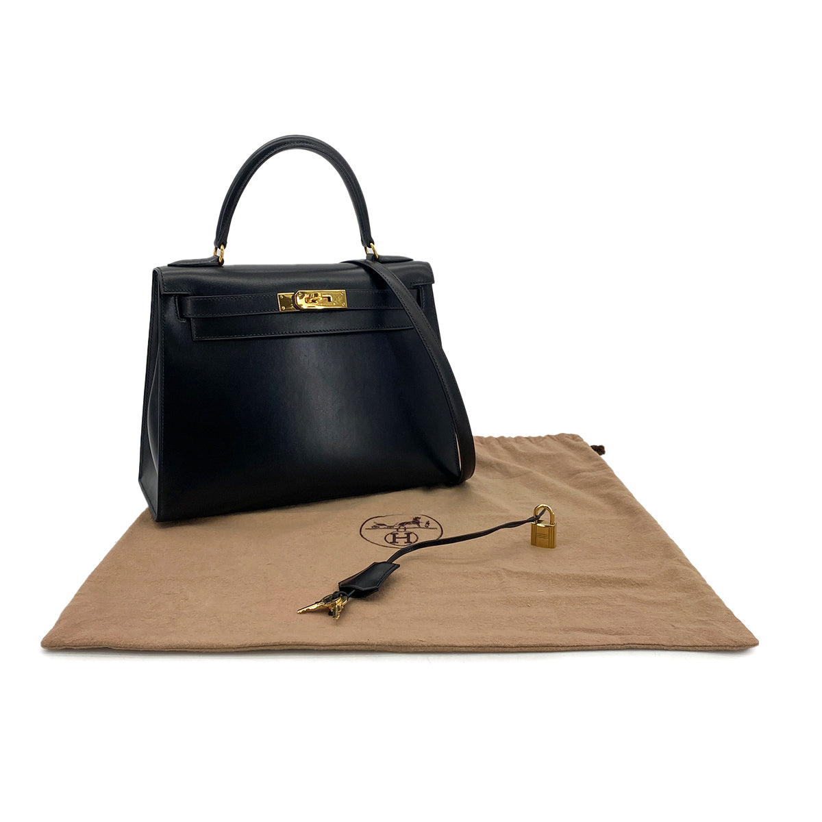 HERMES KELLY 28 SELLIER BLACK BOXCALF HAND SHOULDER BAG 〇Y GHW 90301093