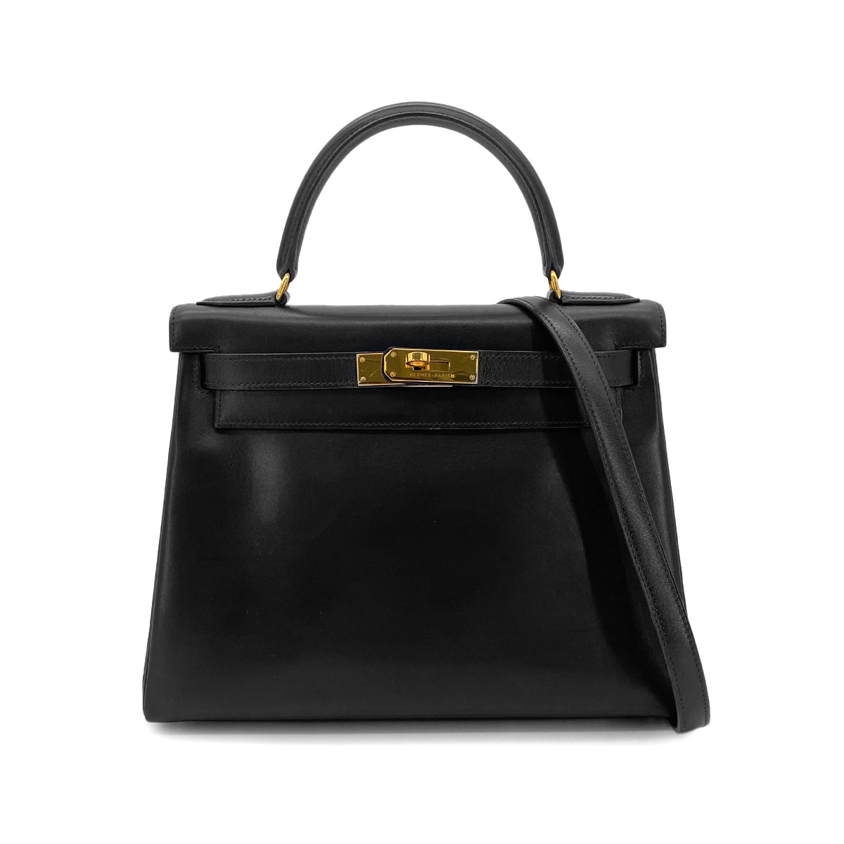 HERMES KELLY 28 RETOURNE BLACK BOX CALF HAND BAG 〇W GHW 90301095