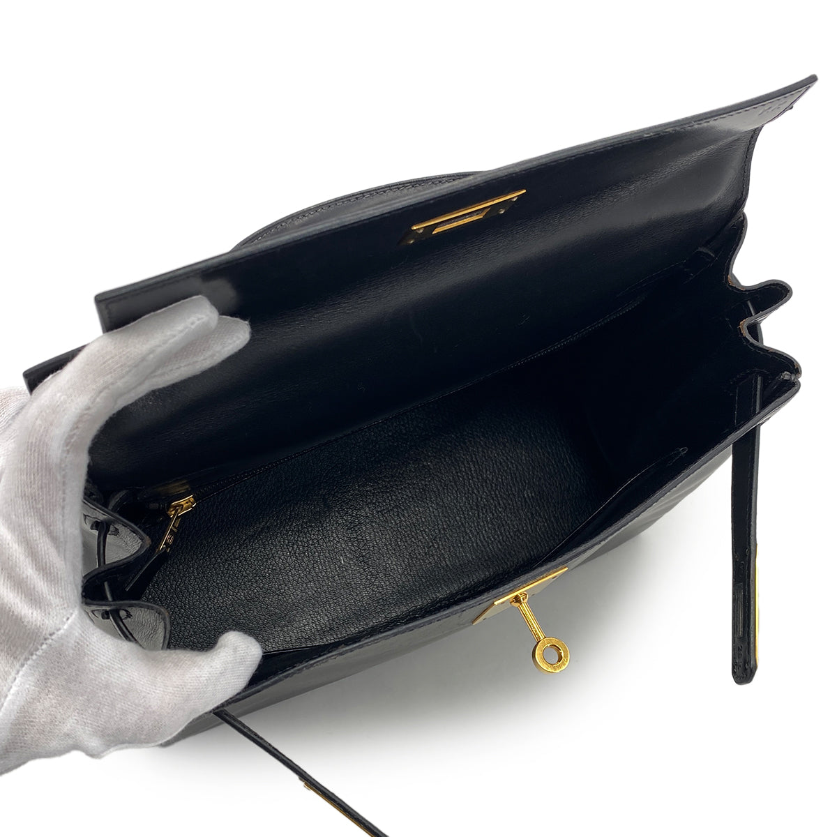 HERMES KELLY 28 RETOURNE BLACK BOX CALF HAND BAG 〇W GHW 90301095