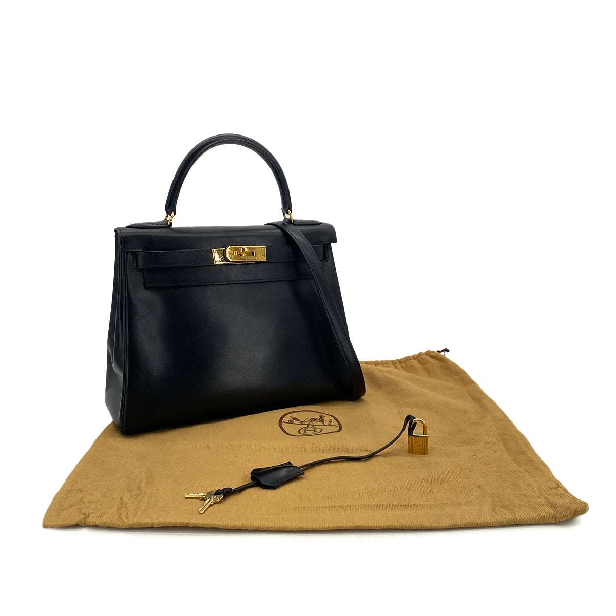 HERMES KELLY 28 RETOURNE BLACK BOX CALF HAND BAG 〇W GHW 90301095