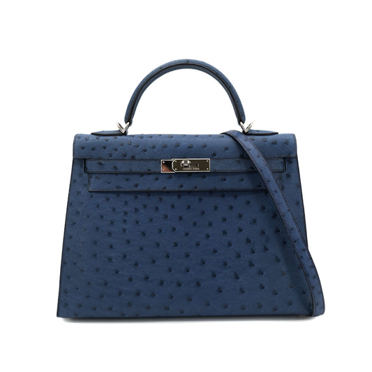 HERMES KELLY 32 SELLIER BLUE ROY OSTRICH HAND SHOULDER BAG □E SHW 90301096