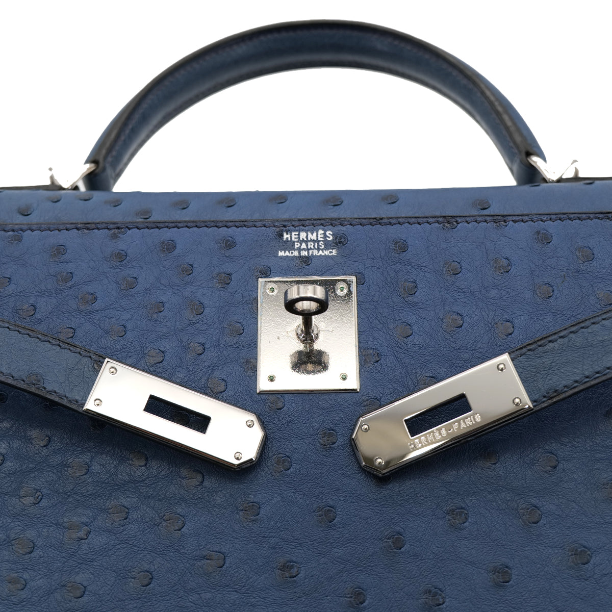 HERMES KELLY 32 SELLIER BLUE ROY OSTRICH HAND SHOULDER BAG □E SHW 90301096