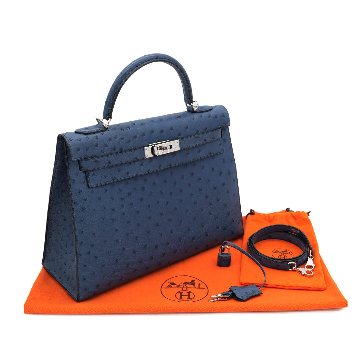 HERMES KELLY 32 SELLIER BLUE ROY OSTRICH HAND SHOULDER BAG □E SHW 90301096