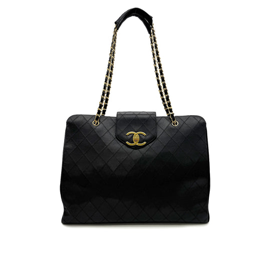 CHANEL VINTAGE SUPER MODEL BICOLORE CHAIN TOTE BAG BLACK LEATHER 90301100