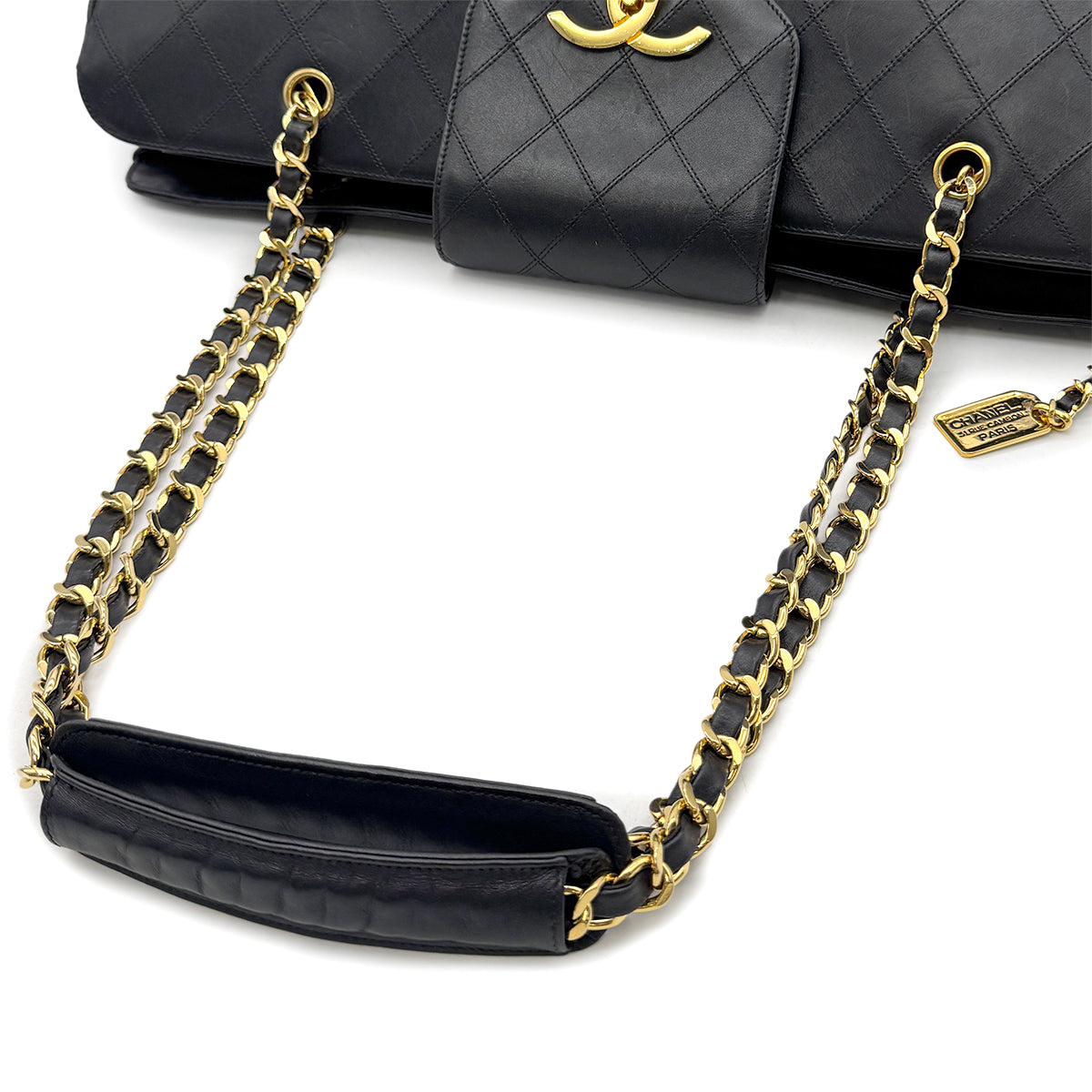 CHANEL VINTAGE SUPER MODEL BICOLORE CHAIN TOTE BAG BLACK LEATHER 90301100
