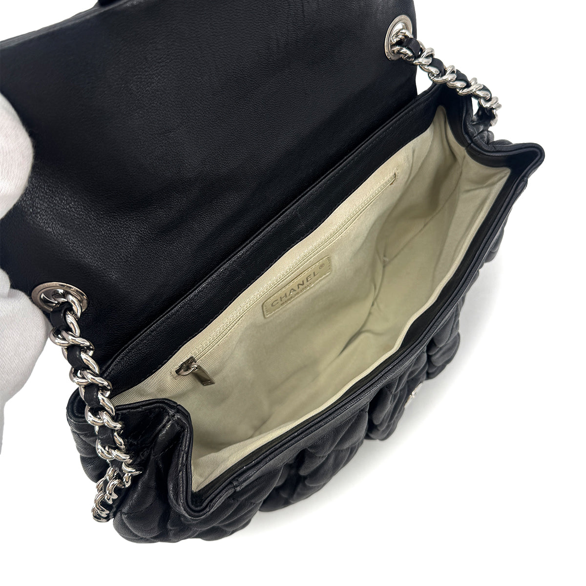 CHANEL MATELASSE CHAIN AROUND SHOULDER BAG BLACK LEATHER 90301101
