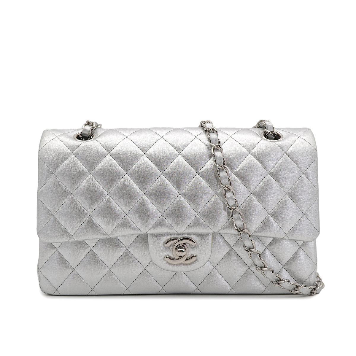 CHANEL CLASSIC FLAP MEDIUM CHAIN SHOULDER BAG SILVER LAMB SKIN 90301104