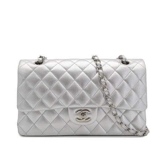 CHANEL CLASSIC FLAP MEDIUM CHAIN SHOULDER BAG SILVER LAMB SKIN 90301104