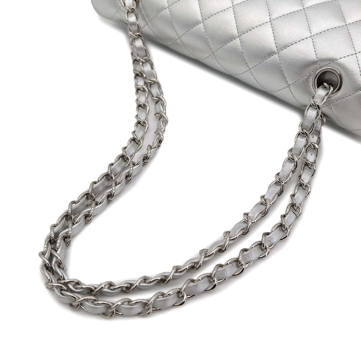 CHANEL CLASSIC FLAP MEDIUM CHAIN SHOULDER BAG SILVER LAMB SKIN 90301104