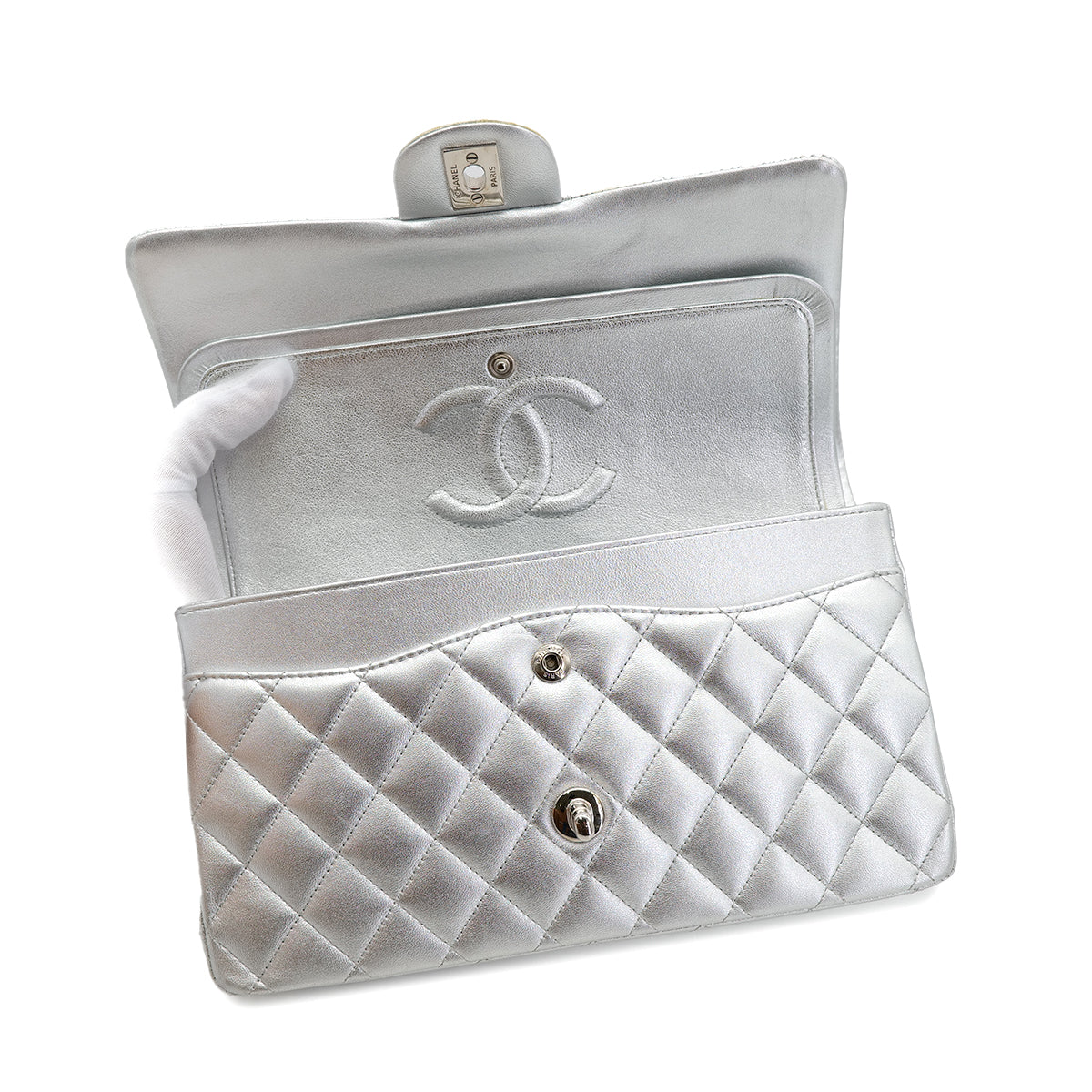 CHANEL CLASSIC FLAP MEDIUM CHAIN SHOULDER BAG SILVER LAMB SKIN 90301104