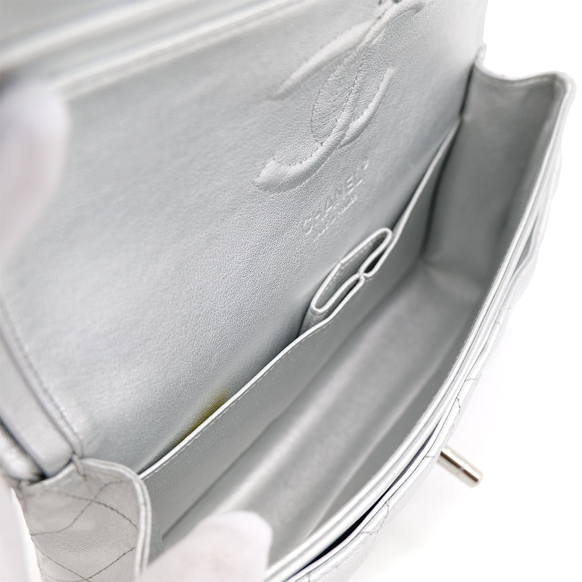 CHANEL CLASSIC FLAP MEDIUM CHAIN SHOULDER BAG SILVER LAMB SKIN 90301104