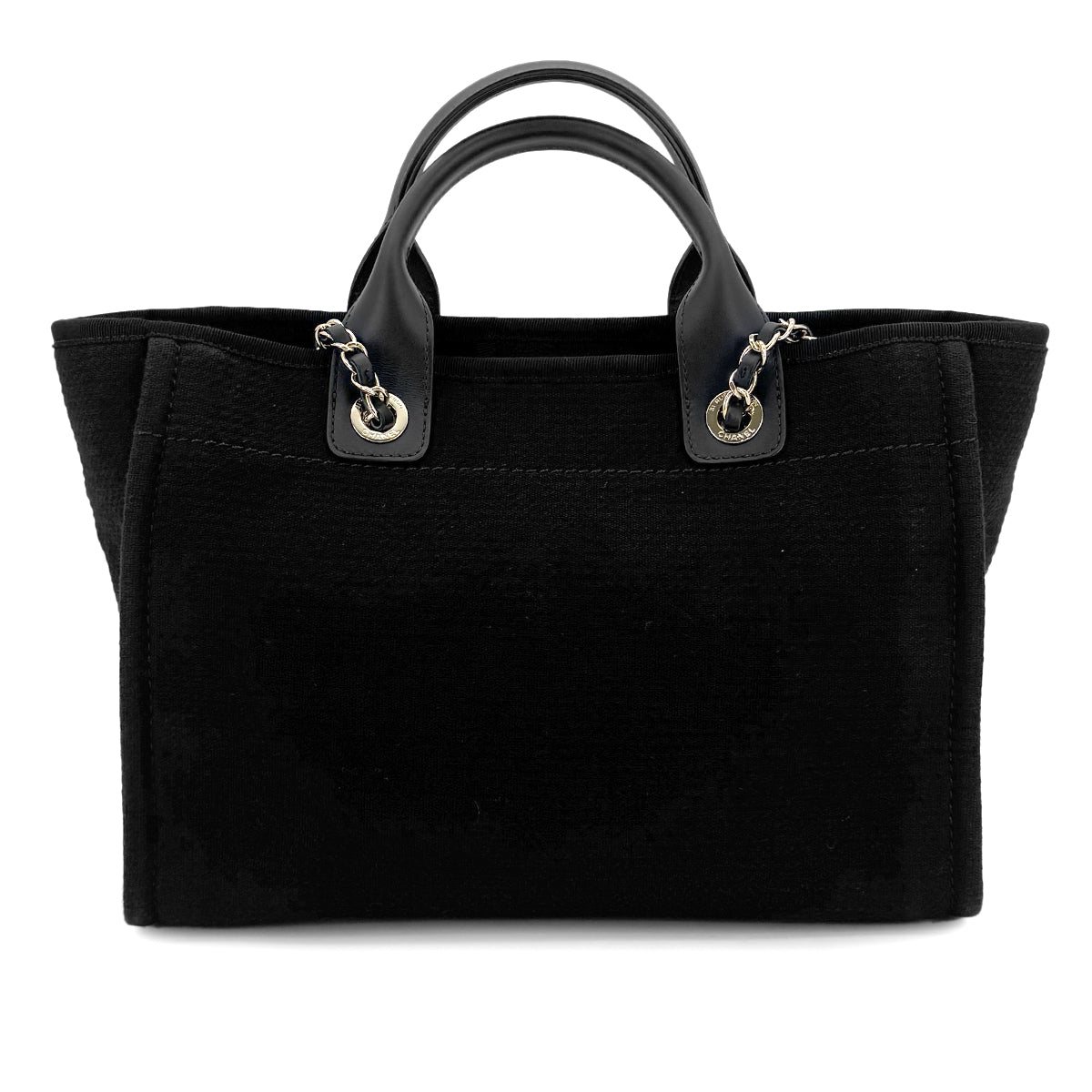 CHANEL DEAUVILLE MM CHAIN TOTE BAG BLACK CANVAS LEATHER 90301107