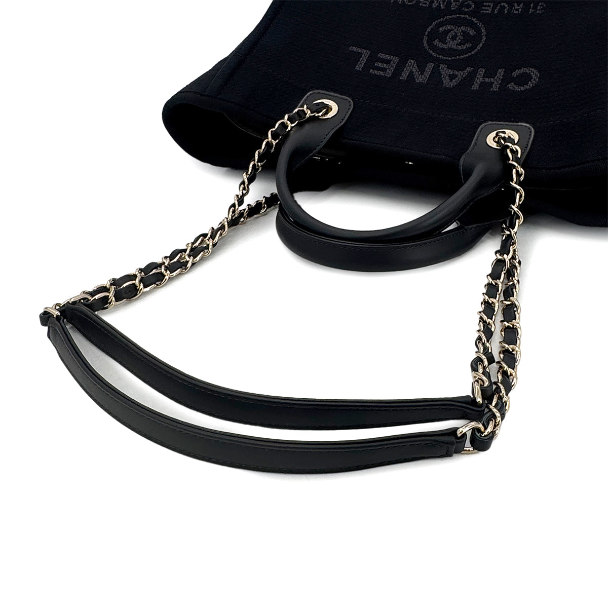 CHANEL DEAUVILLE MM CHAIN TOTE BAG BLACK CANVAS LEATHER 90301107