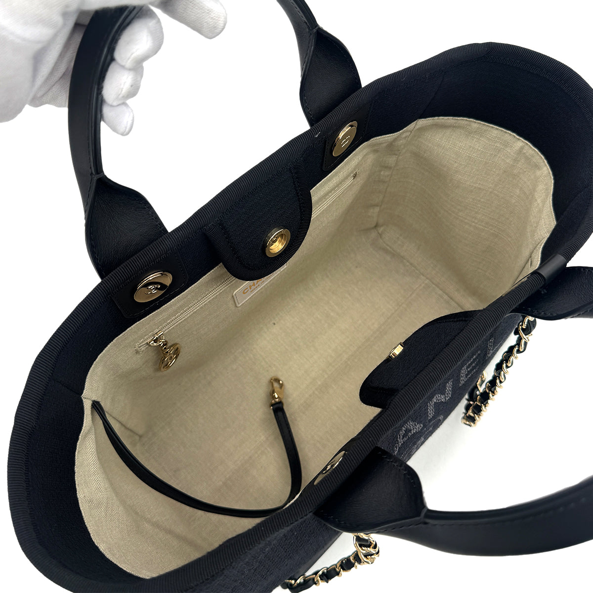 CHANEL DEAUVILLE MM CHAIN TOTE BAG BLACK CANVAS LEATHER 90301107