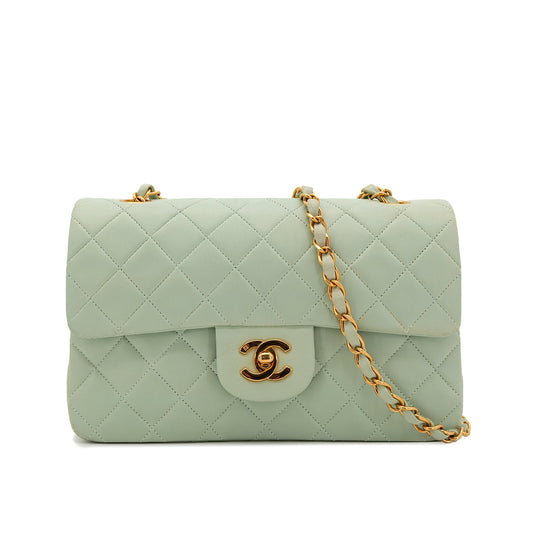 CHANEL VINTAGE CLASSIC FLAP SMALL CHAIN SHOULDER BAG LIGHT GREEN LAMB SKIN 90301110